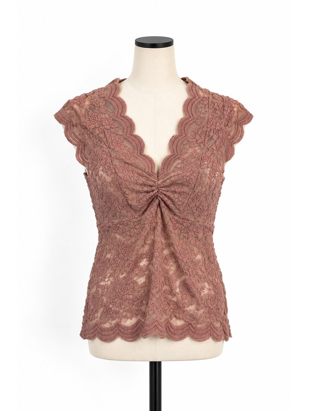 Red BKE Dusty Rose Lace Top Sheer Floral Ruched Bust Coquette Romantic Womens L